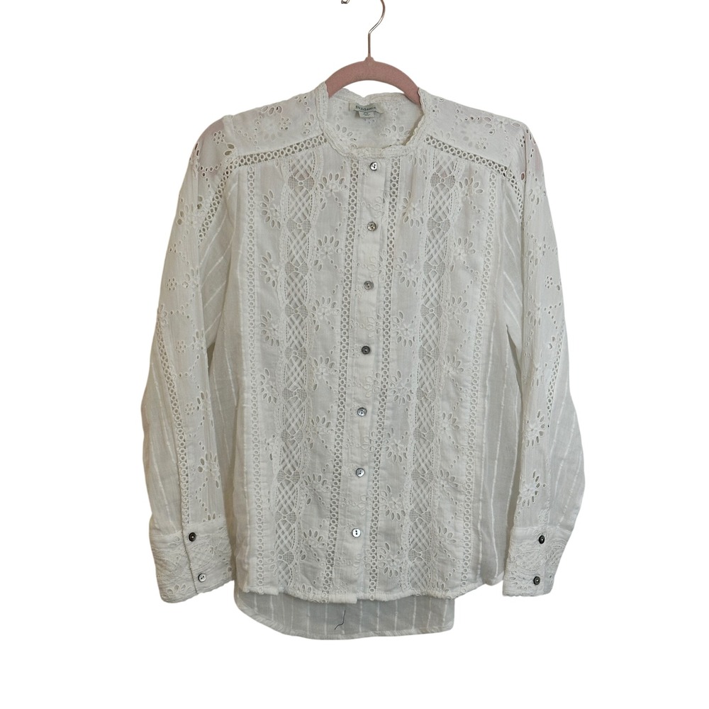 Sundance Eyelet Lace‎ Cotton Blouse Size PS Petite White Band Collar Cottagecore